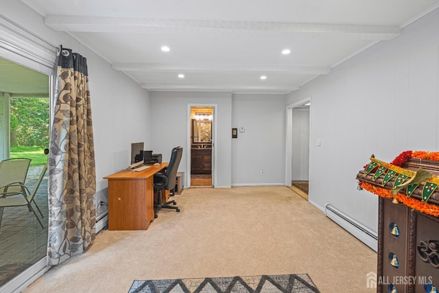 1099 New Dover Rd, Edison, NJ 08820 - carpeted office space with a baseboard heating unit, beam ceiling, and recessed lighting