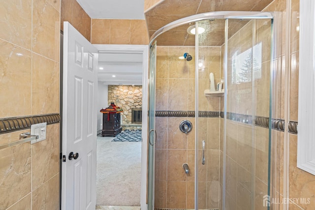 1099 New Dover Rd, Edison, NJ 08820 - bathroom featuring a stall shower and tile walls