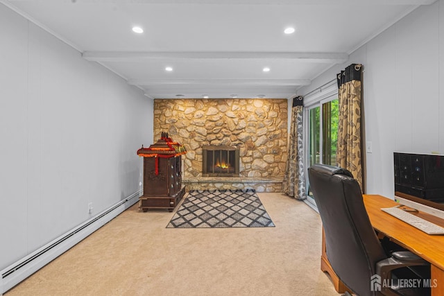 1099 New Dover Rd, Edison, NJ 08820 - home office with a baseboard heating unit, beamed ceiling, carpet flooring, recessed lighting, and a fireplace