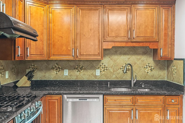 1099 New Dover Rd, Edison, NJ 08820 - kitchen with appliances with stainless steel finishes, range hood, backsplash, dark stone countertops, and brown cabinetry