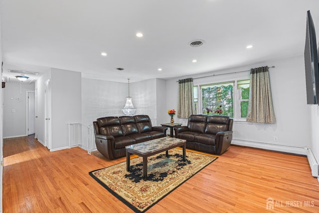 1099 New Dover Rd, Edison, NJ 08820 - living room featuring light wood-style flooring, a baseboard heating unit, and recessed lighting