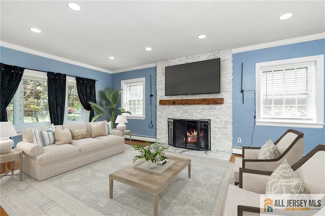 15 Kensington Ave, Trenton, NJ 08618 - living area featuring a baseboard heating unit, healthy amount of natural light, recessed lighting, wood finished floors, and ornamental molding