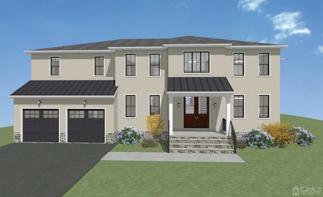 21 Williams Rd, Edison, NJ 08820 - view of front of house with a standing seam roof, a front lawn, driveway, a garage, and stucco siding