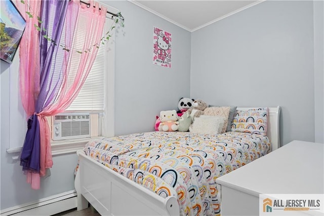 435 Ashley St, Perth Amboy, NJ 08861 - bedroom featuring a baseboard radiator, ornamental molding, cooling unit, and wood finished floors