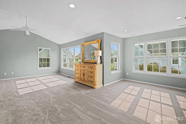 3 Devon Ct, Monroe, NJ 08831 - unfurnished living room with baseboards, carpet floors, a ceiling fan, recessed lighting, and vaulted ceiling