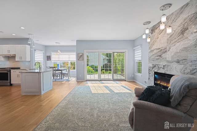 3 Devon Ct, Monroe, NJ 08831 - living room with light wood finished floors, a premium fireplace, baseboards, and recessed lighting