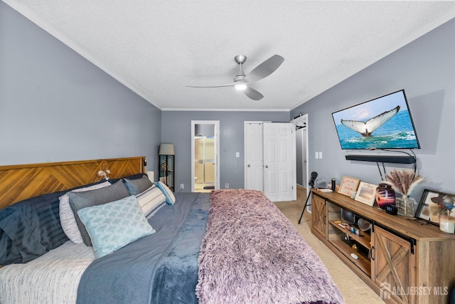 6 Amethyst Way, Franklin Twsp, NJ 08823 - bedroom with a textured ceiling, light carpet, crown molding, ensuite bath, and ceiling fan