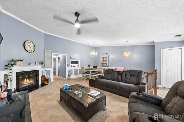6 Amethyst Way, Franklin Twsp, NJ 08823 - carpeted living room with a chandelier, ceiling fan, ornamental molding, a textured ceiling, and a high end fireplace