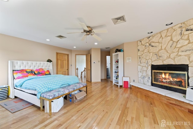 6 Allison Ct, Edison, NJ 08820 - bedroom featuring wood finished floors, a fireplace, recessed lighting, a ceiling fan, and baseboards