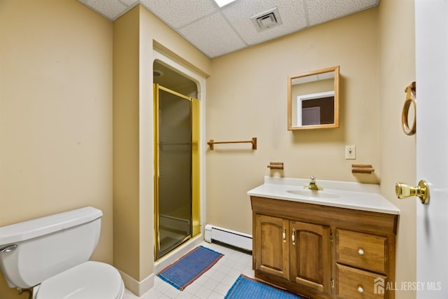 6 Allison Ct, Edison, NJ 08820 - bathroom featuring a baseboard radiator, toilet, vanity, a shower stall, and a drop ceiling