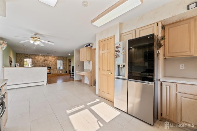 6 Allison Ct, Edison, NJ 08820 - kitchen featuring stainless steel fridge, a baseboard radiator, light brown cabinetry, and a ceiling fan
