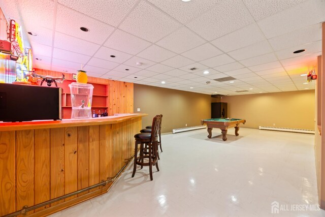 6 Allison Ct, Edison, NJ 08820 - indoor dry bar featuring baseboard heating, pool table, and a paneled ceiling