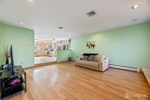 6 Allison Ct, Edison, NJ 08820 - living room featuring a baseboard heating unit, light wood-style floors, recessed lighting, a ceiling fan, and baseboards