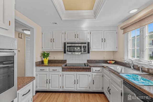 195 Mayflower Way Unit B, Monroe, NJ 08831 - kitchen with appliances with stainless steel finishes, a sink, white cabinetry, a tray ceiling, and visible vents