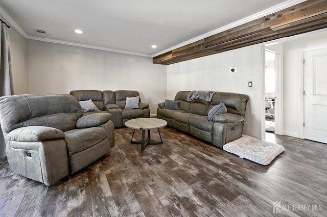 56 3rd Ave, Port Reading, NJ 07064 - living room featuring dark wood-style flooring, ornamental molding, and recessed lighting