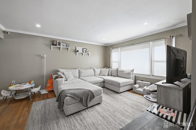 56 3rd Ave, Port Reading, NJ 07064 - living area featuring crown molding, wood finished floors, and recessed lighting