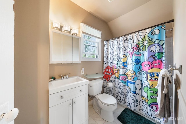 1402 Glenwood Dr, Piscataway, NJ 08854 - full bath featuring toilet, tile patterned floors, vanity, a shower with shower curtain, and vaulted ceiling