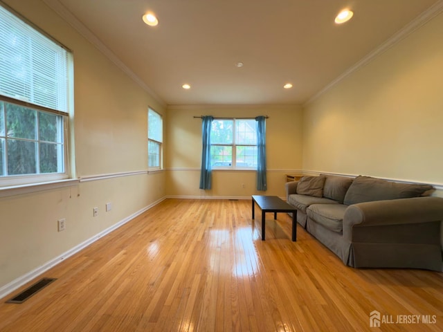 315 Birch Ct, New Brunswick, NJ 08901 - living room featuring light wood-style floors, baseboards, crown molding, and recessed lighting