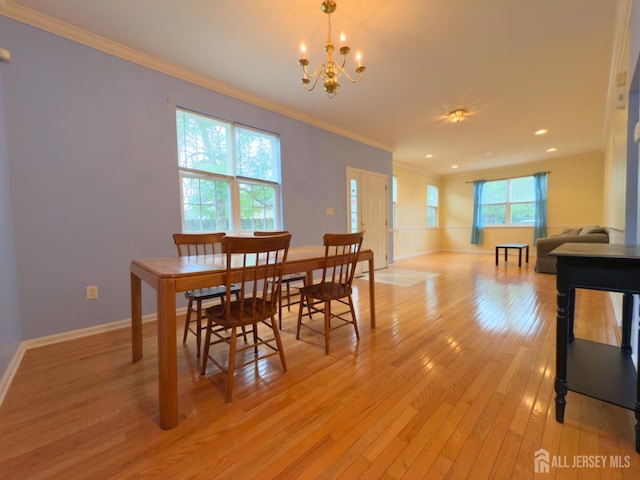 315 Birch Ct, New Brunswick, NJ 08901 - dining space with ornamental molding, a chandelier, light wood-type flooring, baseboards, and recessed lighting