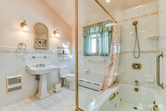 79 S Hill Rd, Colonia, NJ 07067 - full bathroom featuring a baseboard heating unit, tile walls, heating unit, tile patterned floors, and a combined bath / shower with jetted tub