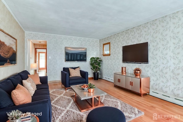 79 S Hill Rd, Colonia, NJ 07067 - living area with baseboard heating, light wood-style floors, ornamental molding, and wallpapered walls
