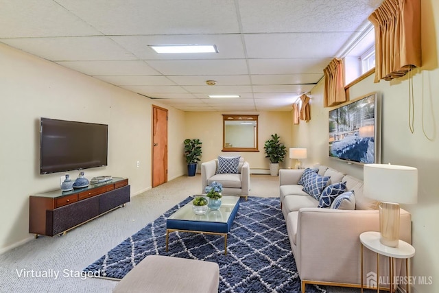 79 S Hill Rd, Colonia, NJ 07067 - living area with a paneled ceiling, carpet, baseboard heating, and baseboards