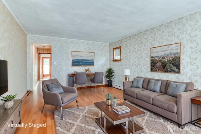 79 S Hill Rd, Colonia, NJ 07067 - living room featuring a baseboard heating unit, wood finished floors, crown molding, and wallpapered walls