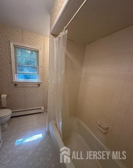 188 N Rd, Chester Twp, NJ 07930 - full bathroom featuring a baseboard heating unit, toilet, shower / tub combo with curtain, and tile patterned floors