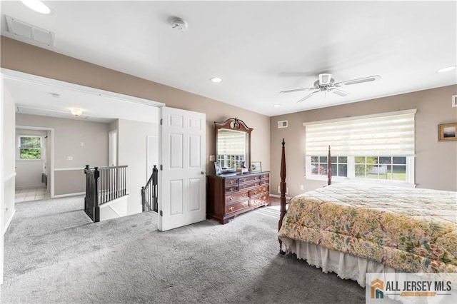 bedroom featuring carpet flooring and ceiling fan