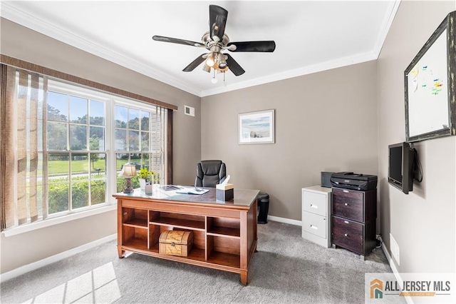 carpeted office with ornamental molding, ceiling fan, and a healthy amount of sunlight