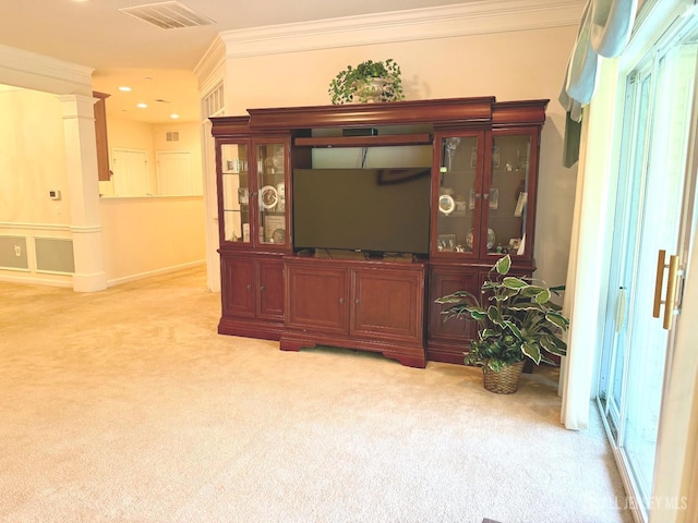 2109 Conrad Way, Franklin, NJ 08873 - living room featuring ornamental molding, light colored carpet, ornate columns, recessed lighting, and baseboards
