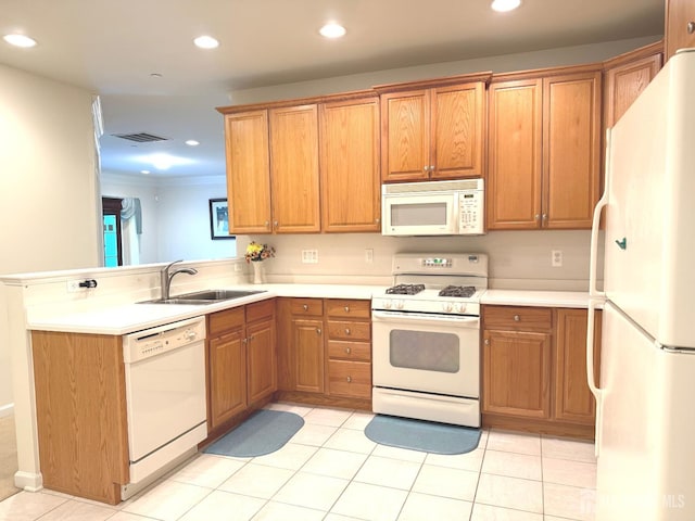 2109 Conrad Way, Franklin, NJ 08873 - kitchen featuring white appliances, a sink, a peninsula, recessed lighting, and brown cabinets