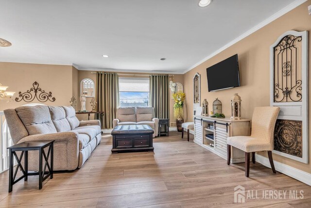 6 Muravski Ct, South River, NJ 08882 - living room featuring ornamental molding, light wood finished floors, a chandelier, and recessed lighting