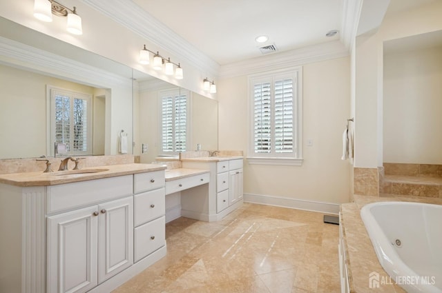 56 Cradle Rock Rd, Princeton, NJ 08540 - bathroom with two vanities, a whirlpool tub, ornamental molding, and recessed lighting
