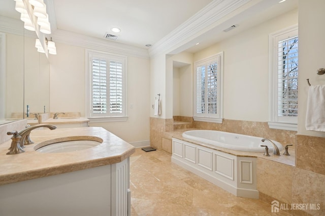 56 Cradle Rock Rd, Princeton, NJ 08540 - full bathroom with vanity, a bath, plenty of natural light, crown molding, and tile patterned flooring