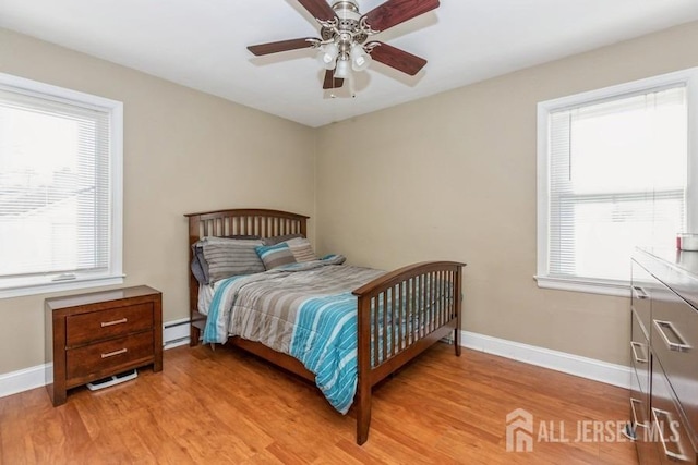 bedroom with light wood finished floors, baseboard heating, multiple windows, and baseboards