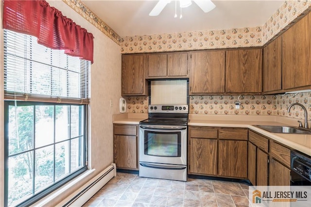323 Gills Ln Unit 9C, Iselin, NJ 08830 - kitchen featuring electric range, a baseboard radiator, light countertops, dishwasher, and a ceiling fan