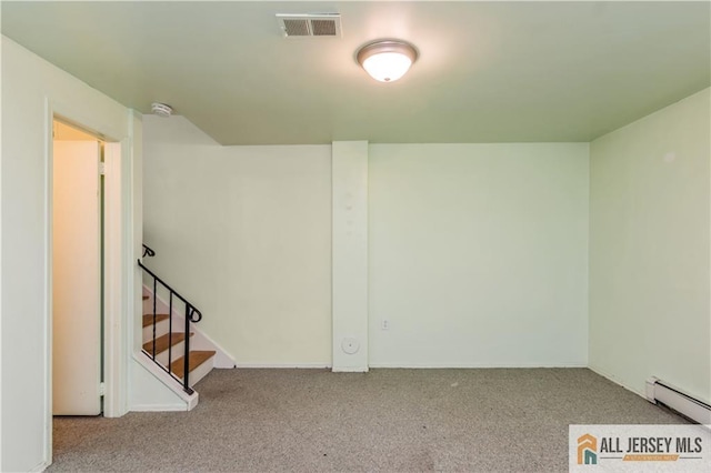 323 Gills Ln Unit 9C, Iselin, NJ 08830 - basement featuring a baseboard radiator, carpet, and stairs