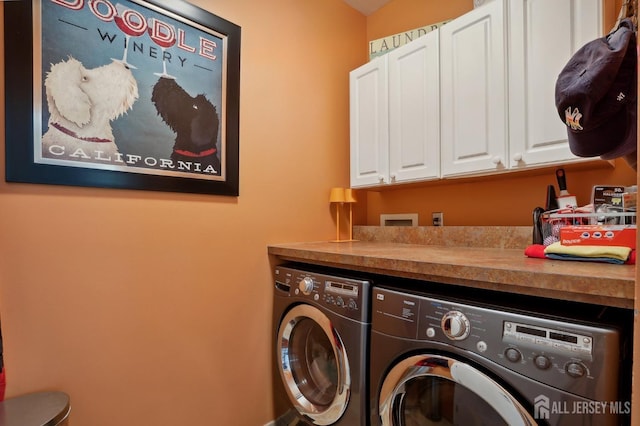 laundry area featuring washer and clothes dryer and cabinets