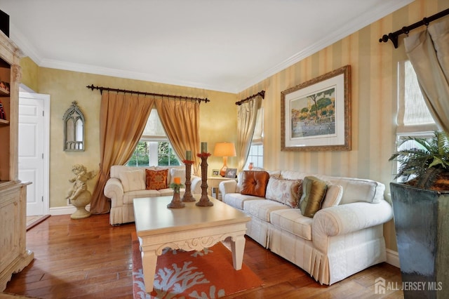 living room with dark wood-type flooring and ornamental molding