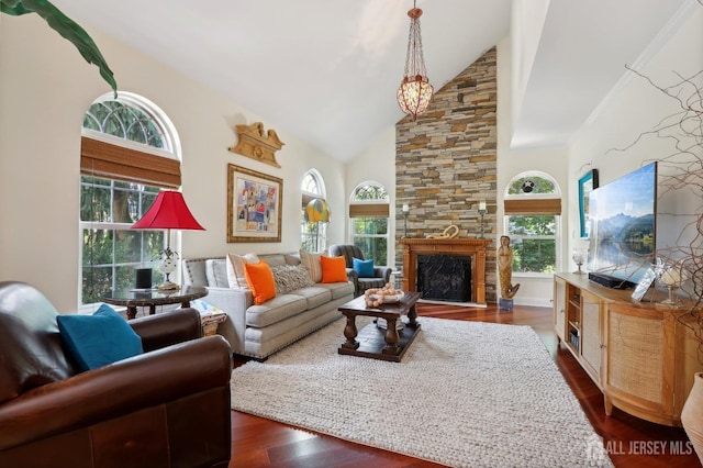 living room featuring dark hardwood / wood-style flooring, a fireplace, and high vaulted ceiling