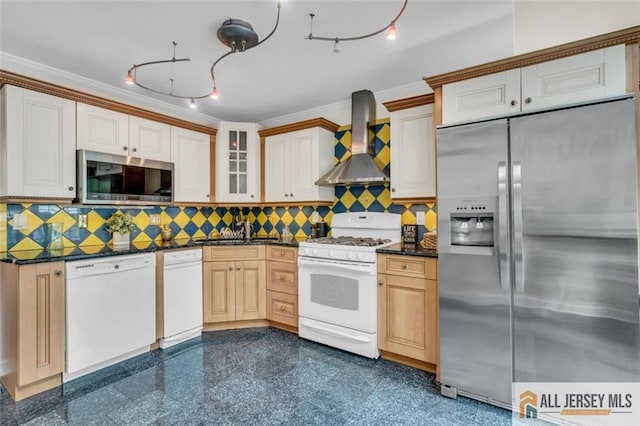 10 Signal Ct, South Brunswick, NJ 08810 - kitchen featuring appliances with stainless steel finishes, wall chimney exhaust hood, ornamental molding, a sink, and glass insert cabinets