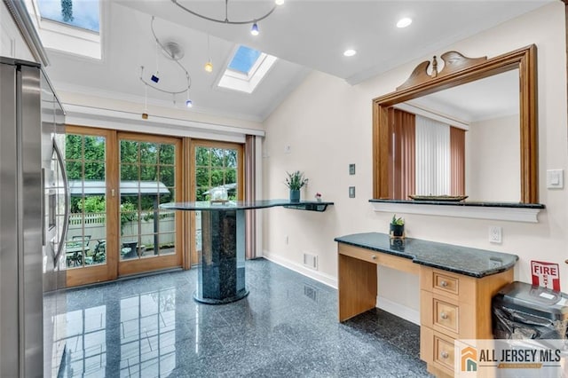 10 Signal Ct, South Brunswick, NJ 08810 - bathroom with a skylight, baseboards, granite floors, crown molding, and lofted ceiling