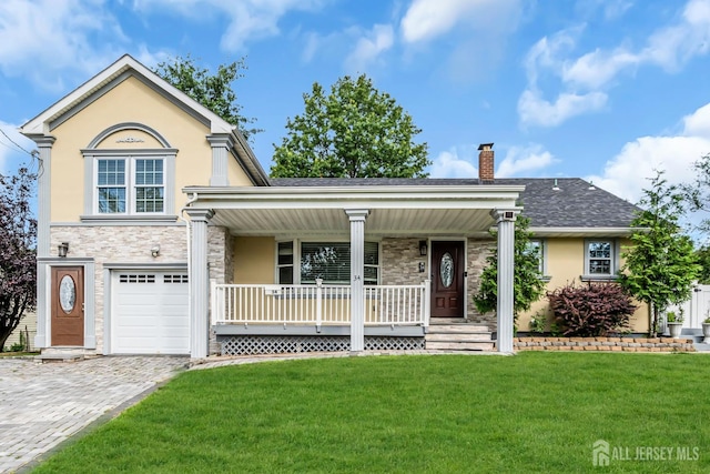 34 Sims Rd, Edison, NJ 08817 - view of front facade featuring stone siding, covered porch, a chimney, a front yard, and stucco siding