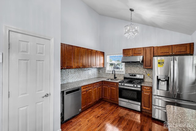 34 Sims Rd, Edison, NJ 08817 - kitchen featuring stainless steel appliances, under cabinet range hood, high vaulted ceiling, decorative backsplash, and dark wood finished floors