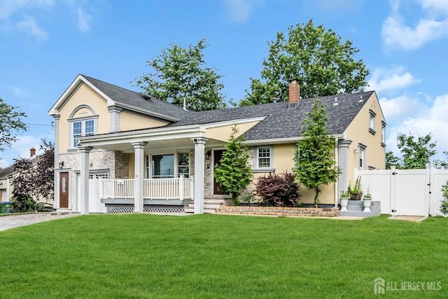 34 Sims Rd, Edison, NJ 08817 - greek revival inspired property with a porch, a gate, stucco siding, and a chimney
