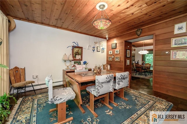 dining space featuring wooden ceiling, wooden walls, dark wood-type flooring, and a baseboard radiator