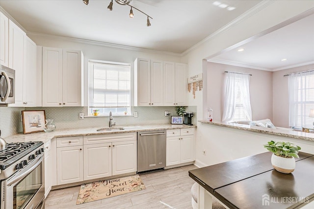 kitchen with stainless steel appliances, a sink, plenty of natural light, ornamental molding, and backsplash