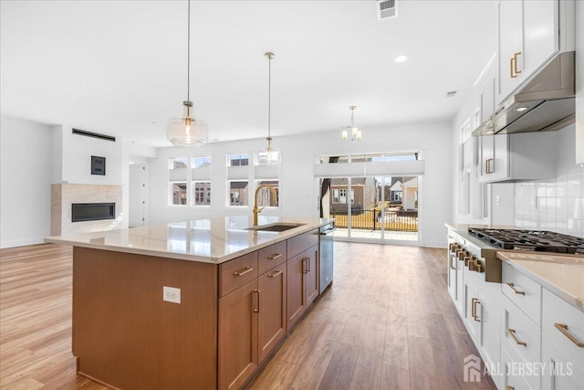 kitchen with visible vents, a sink, under cabinet range hood, tasteful backsplash, and stainless steel appliances