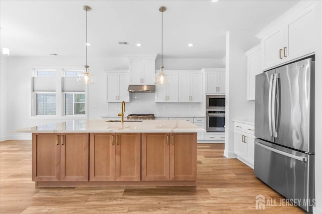 kitchen with visible vents, under cabinet range hood, decorative backsplash, light wood-style flooring, and stainless steel appliances